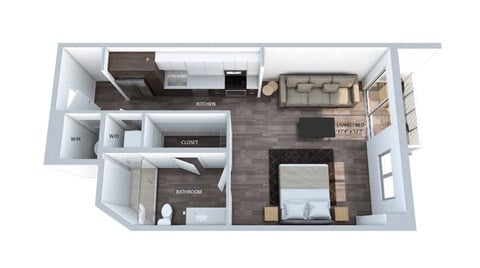 Floor plan for studio, 1 bath, 588 sqft